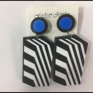 Black White Stripe Geometric Drop Earrings